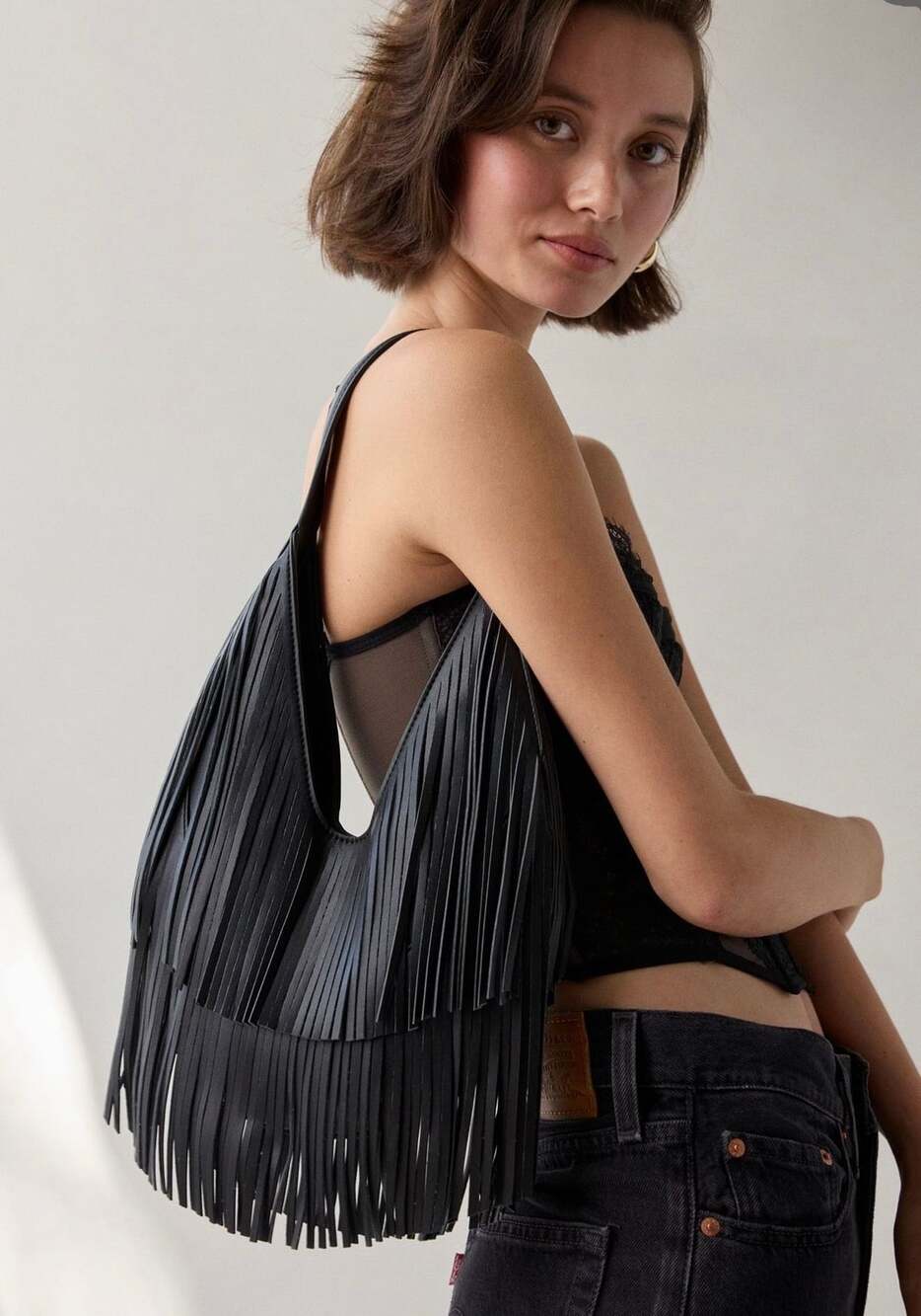 Silence + Noise Fringe Faux Leather Hobo Bag. NWT